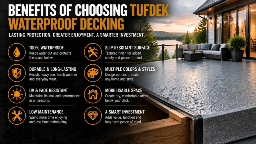 Tufdek waterproof deck with gray vinyl surface, modern railing and outdoor seating overlooking a lake