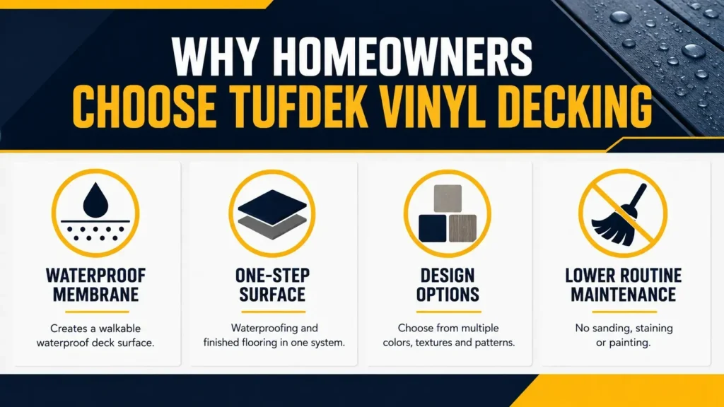 tufdek-decking-indianapolis-2 Tufdek vinyl decking benefits infographic showing waterproof membrane, design options and low maintenance