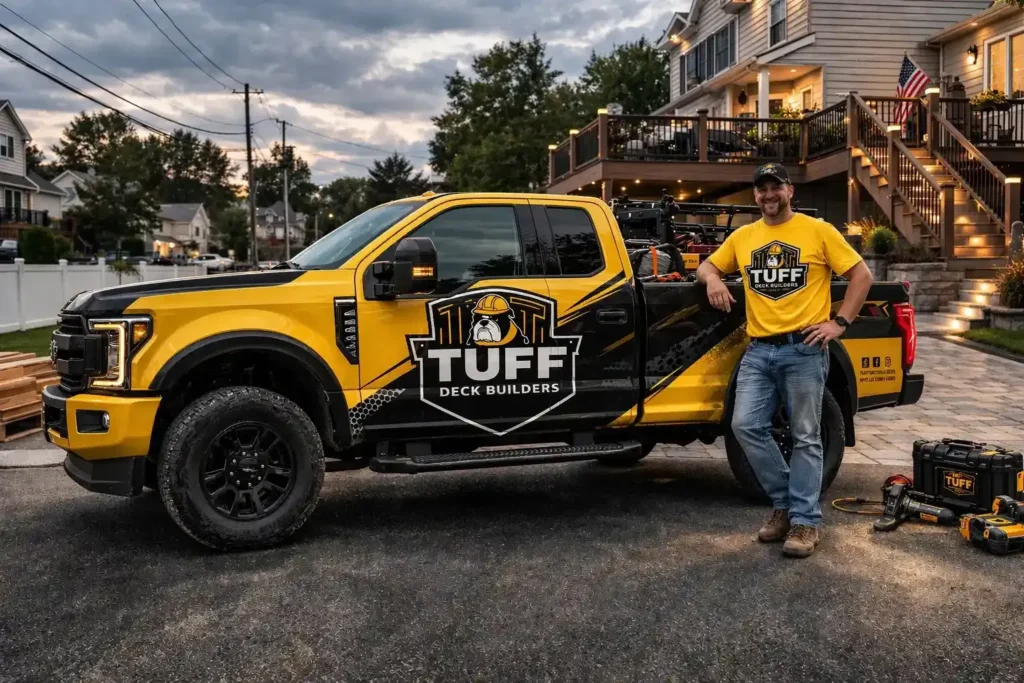 Tuff Deck Builders Indianapolis contractor beside a branded work truck and completed elevated deck