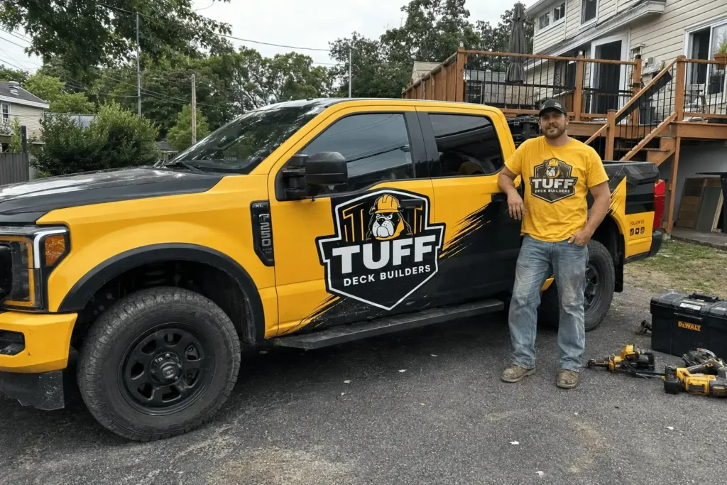 Tuff Deck Builders Indianapolis contractor beside a branded truck at a residential deck project