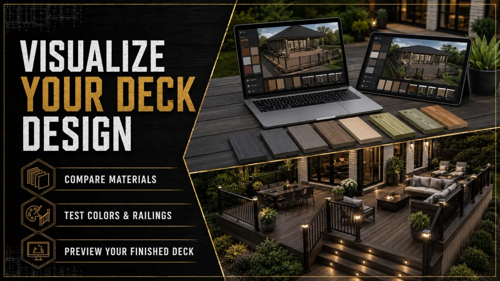 Virtual deck design shown on laptop and tablet with decking material samples and a completed outdoor deck