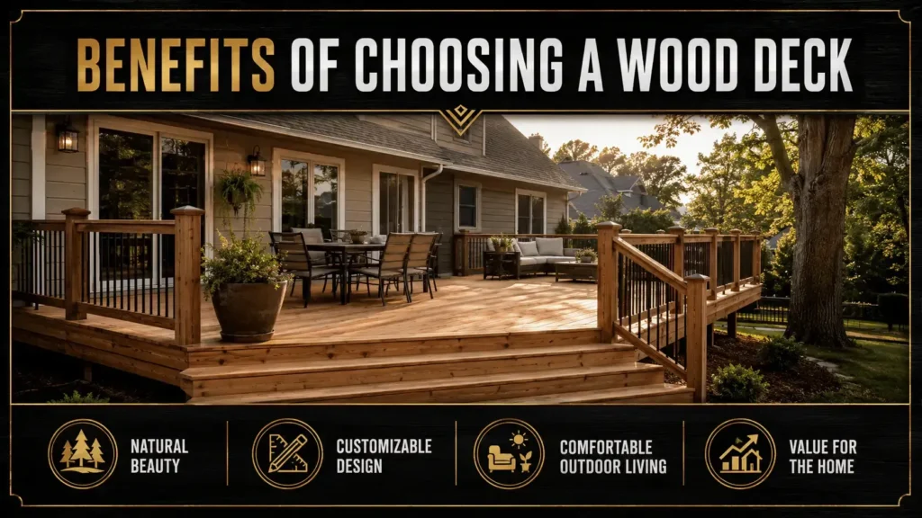Natural wood deck with warm-toned boards, railings, and stairs in a backyard