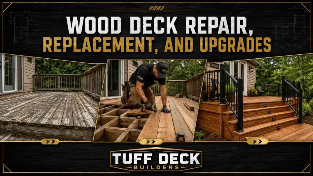 Wood deck repair and board replacement in progress at a Indianapolis, IN home