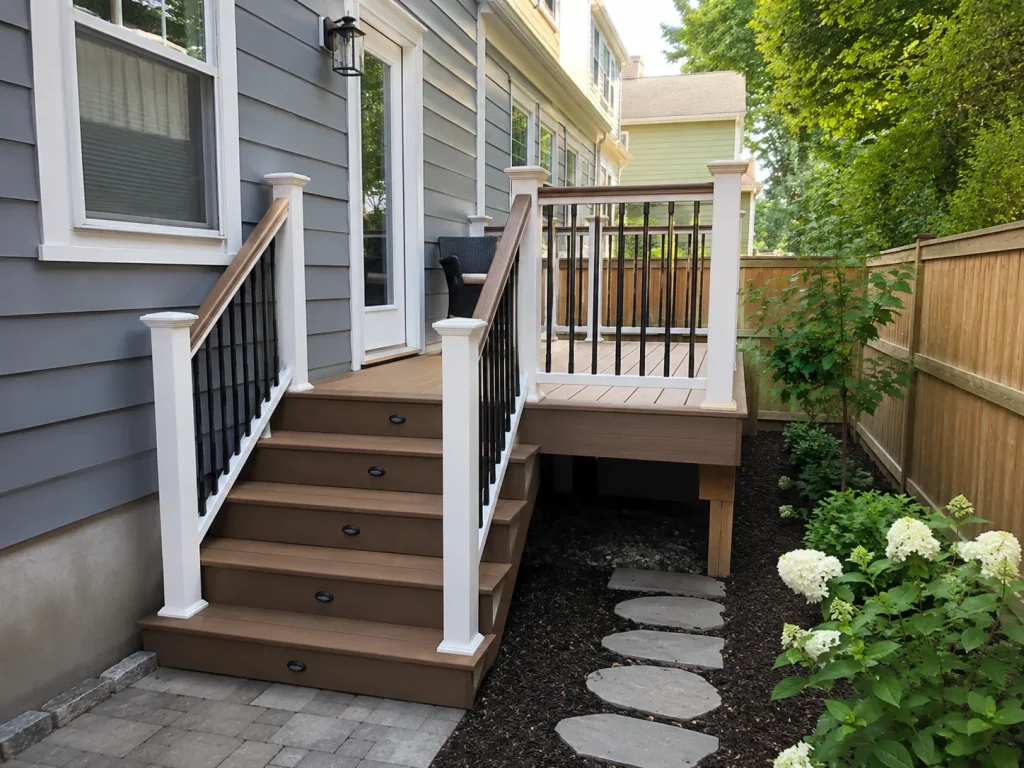 Small backyard deck with illuminated stairs, white posts, and black balusters in Indianapolis