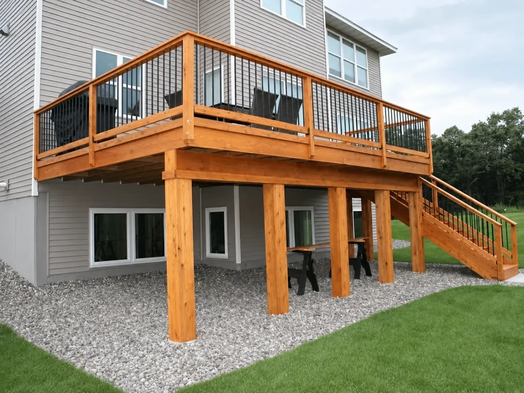 Elevated wood deck on support posts with black metal balusters at an Indianapolis home