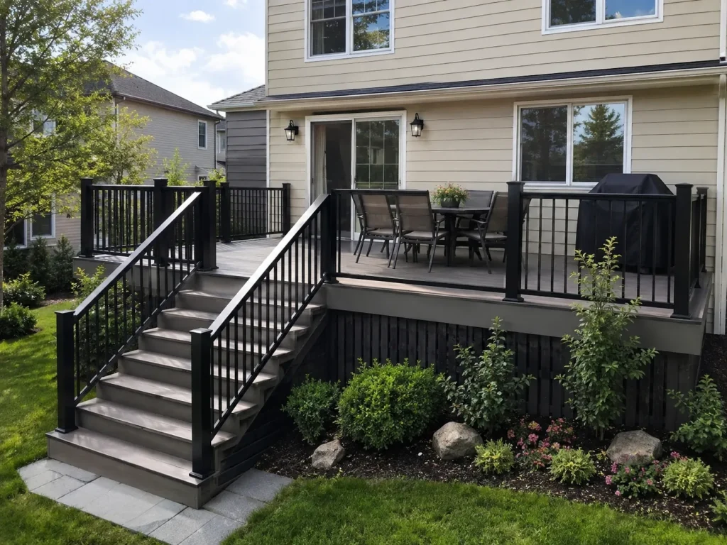 Gray composite backyard deck with black railings, wide stairs, and outdoor dining area in Indianapolis