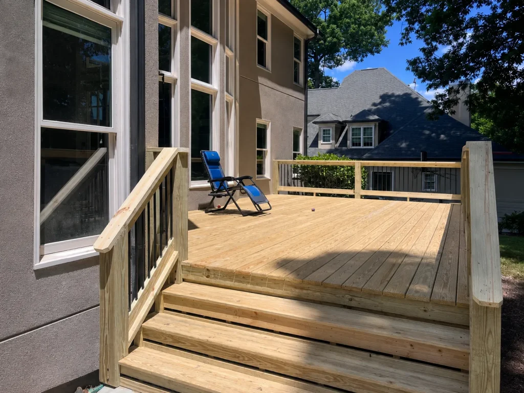 New pressure-treated wood deck with wide stairs and black balusters in Indianapolis