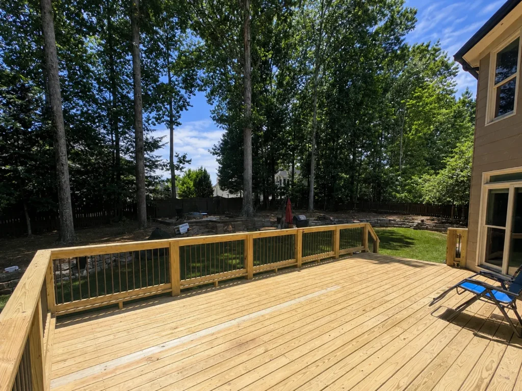 Large pressure-treated wood deck overlooking a wooded Indianapolis backyard