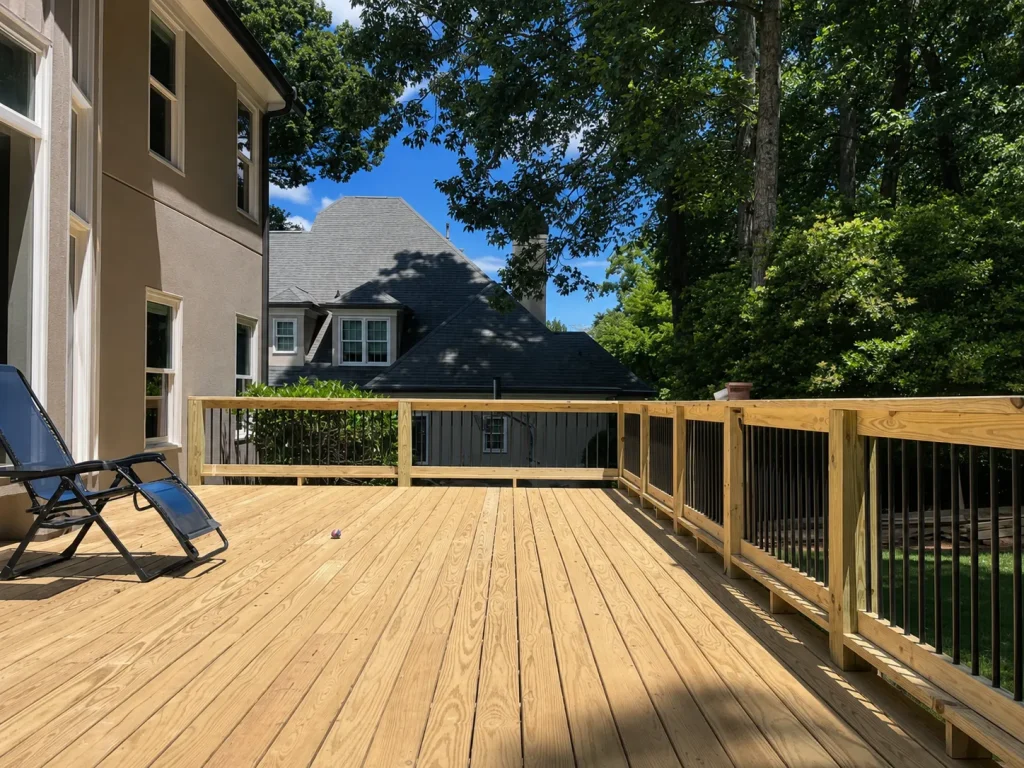 Large pressure-treated wood deck with black metal balusters in Indianapolis, IN